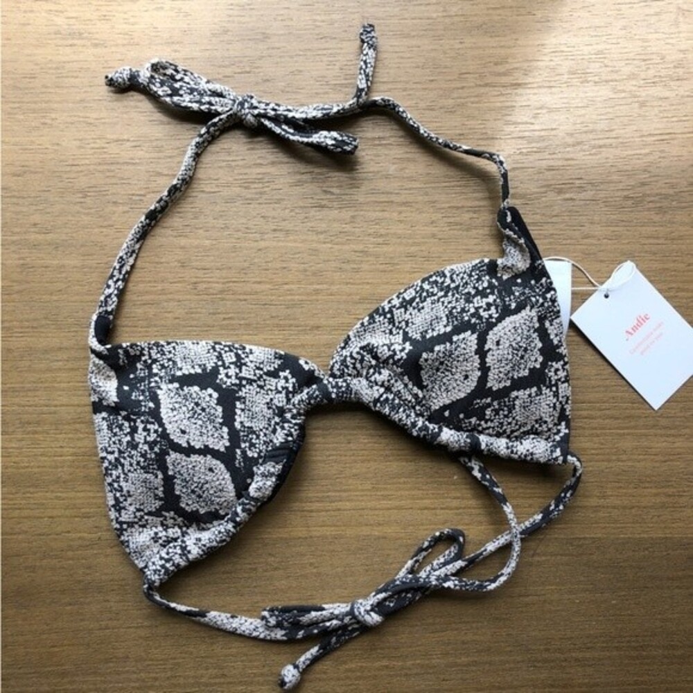 Andie Swim The String Bikini Top Womens Medium Black Cream Snakeskin New